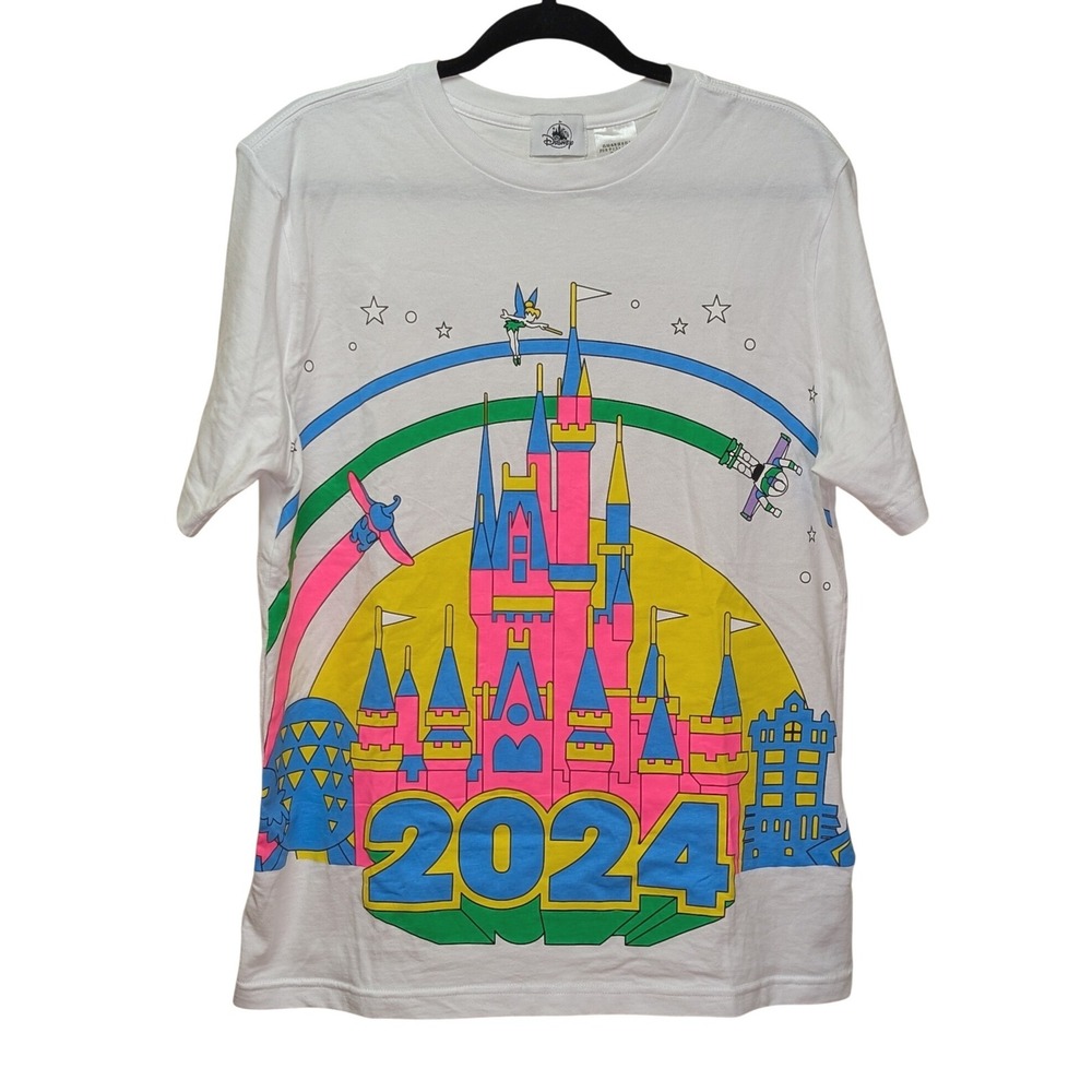 Disney 2024 Neon Retro Castle WDW Graphic T Shirt White Unisex Adult MED Reg Fit - Picture 3 of 7